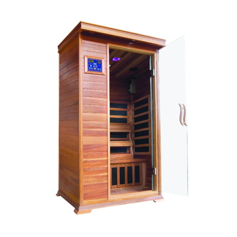 SunRay 1-person infrared sauna with wood finish and control panel for personal relaxation