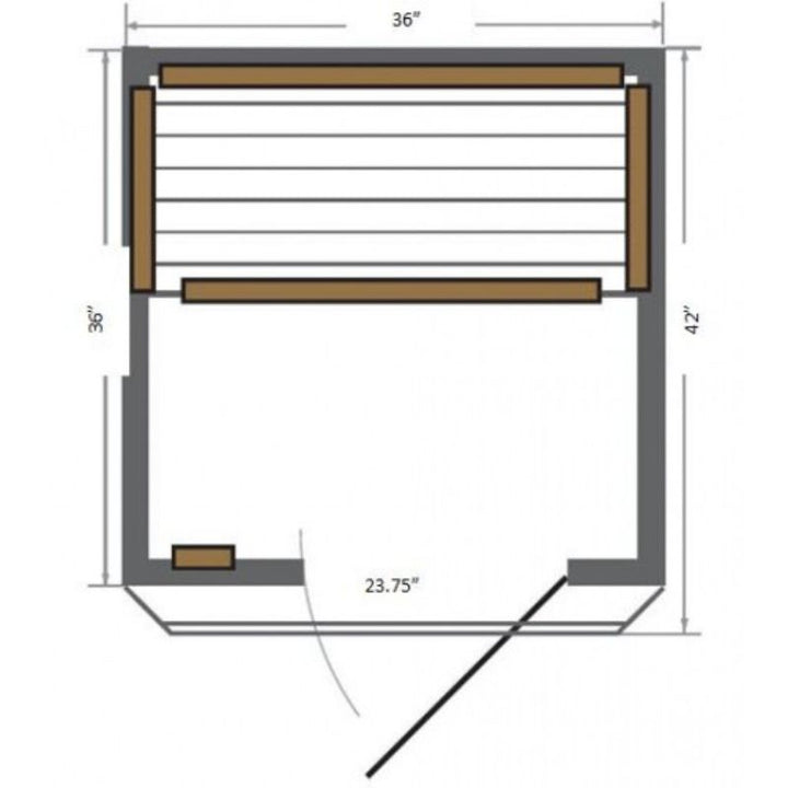 Dimensions and layout of SunRay 1-person infrared sauna with interior features and design