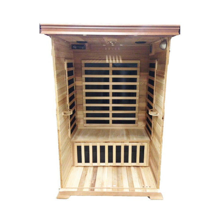 SunRay 1-person infrared sauna featuring wooden interior with spacious design for relaxation.