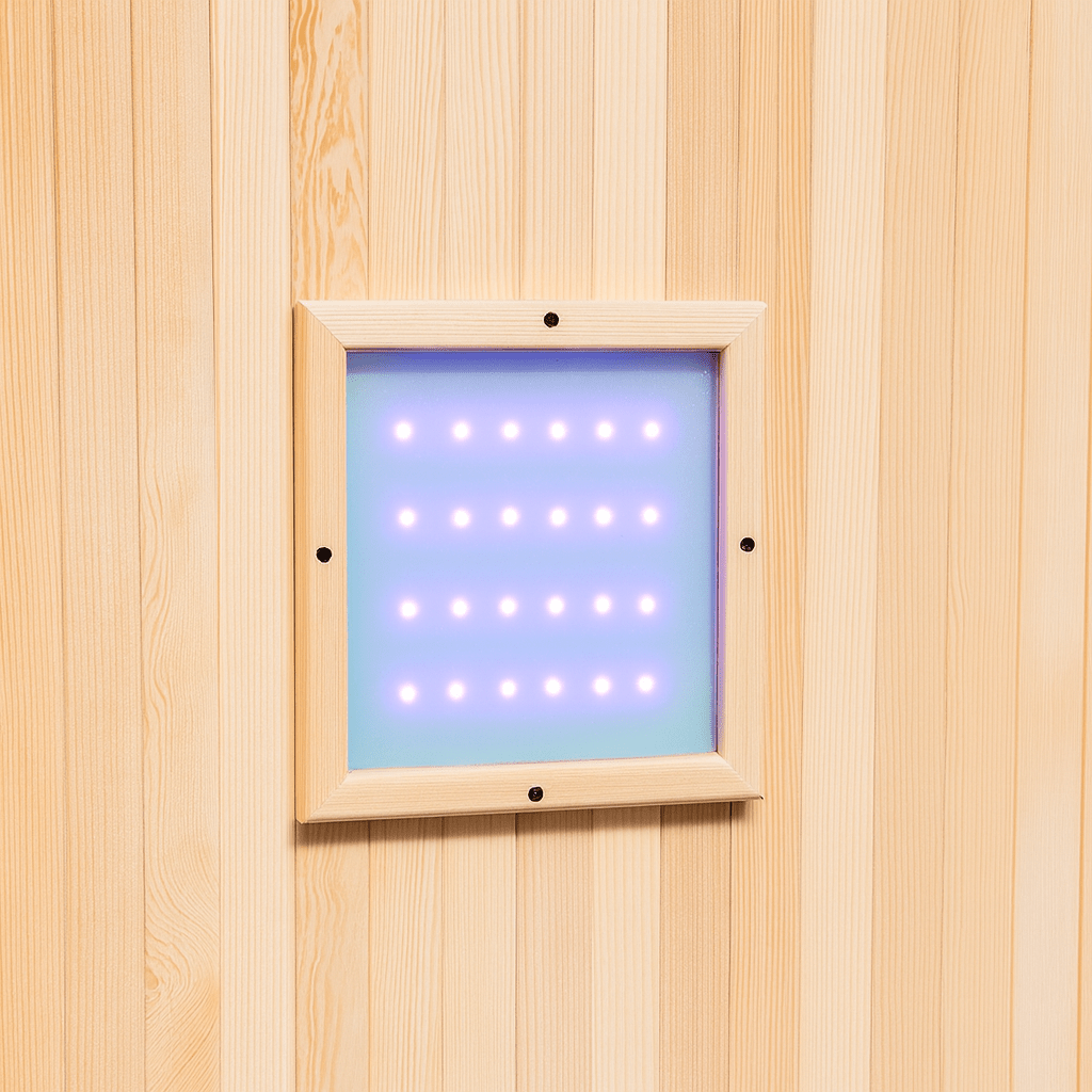 Interior view of a SunRay 1-person infrared sauna featuring soft lighting and wooden paneling