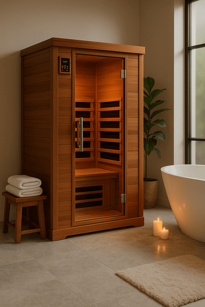 SunRay 1-person infrared sauna with a wooden finish and modern interior design for home relaxation