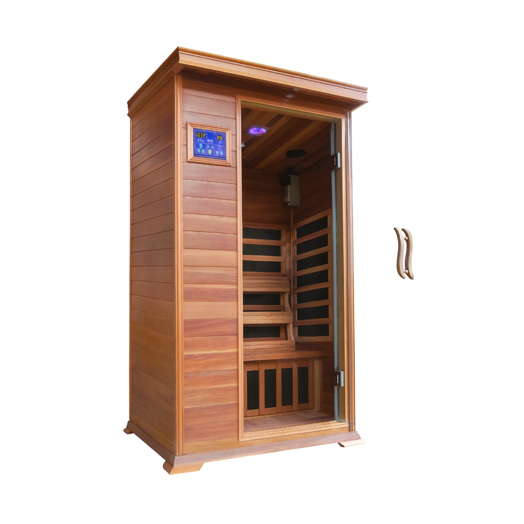 SunRay 1-person infrared sauna with natural wood finish and digital control panel for wellness at home