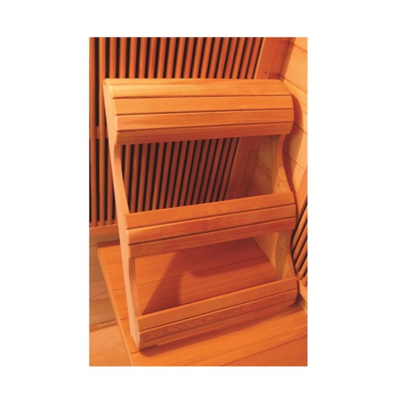 Interior view of a SunRay 1-person infrared sauna with wooden seating and slatted design