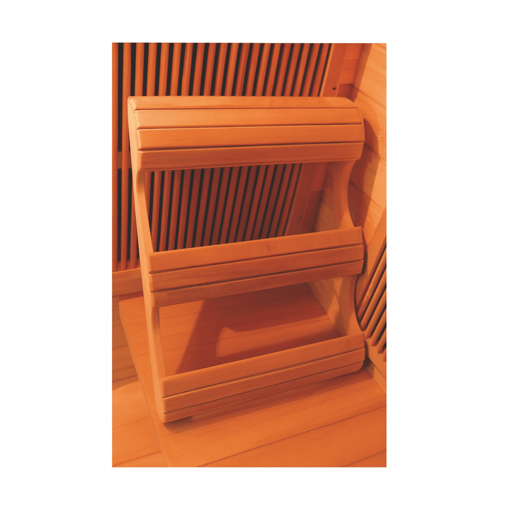 Interior view of a SunRay 1-person infrared sauna showcasing the wooden seating and wall design