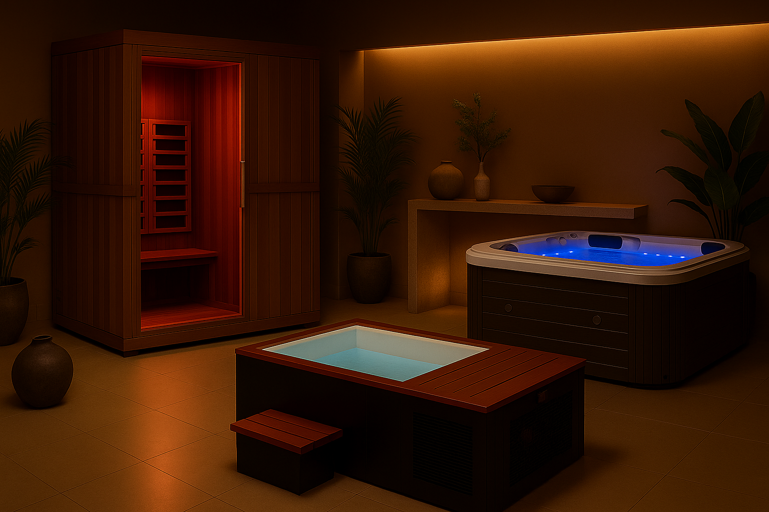 Luxury home spa featuring a Finnmark sauna, a modern hot tub, and a rectangular cold plunge in a warm, minimalist room.