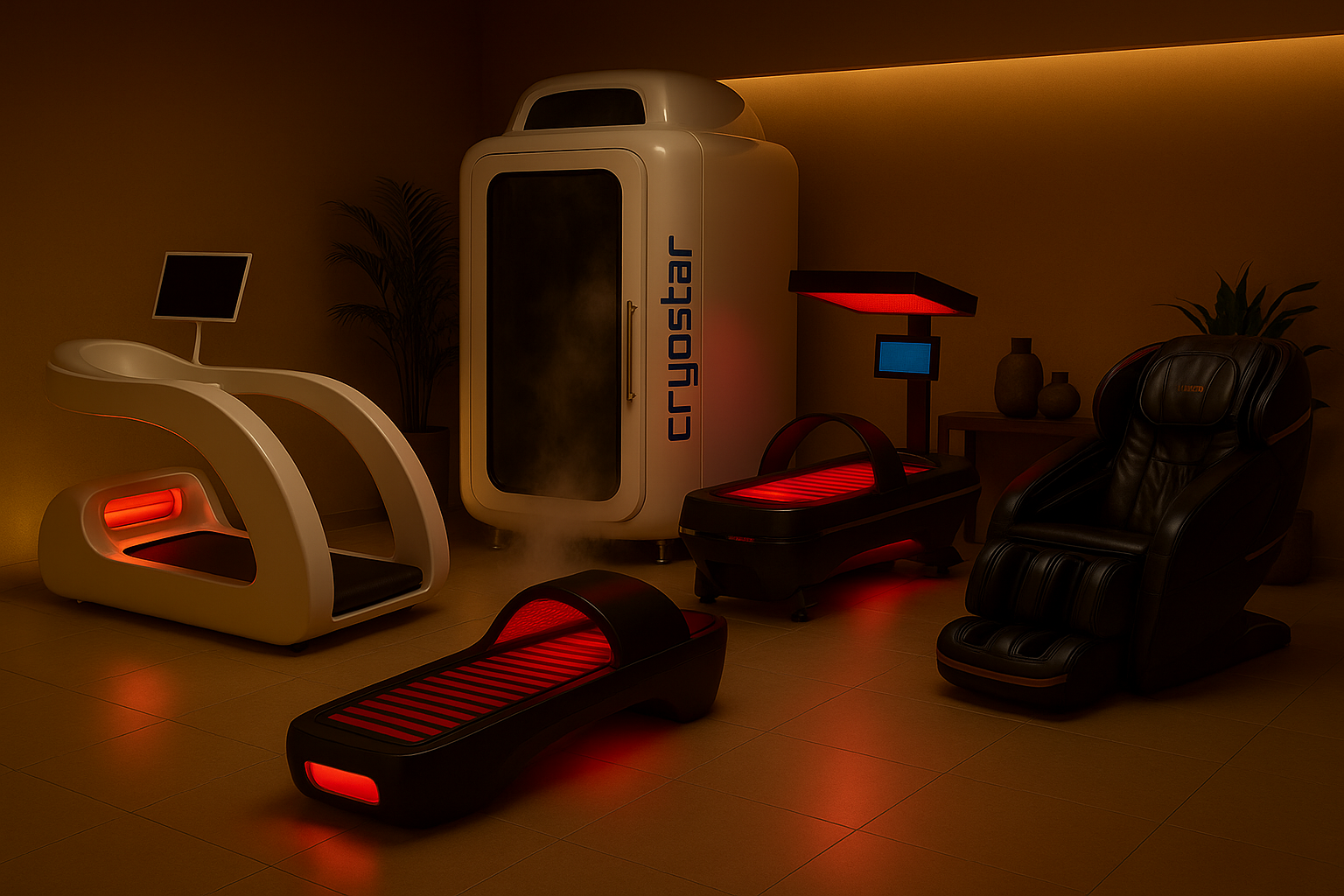 Modern wellness studio with Vacuactivus cryotherapy chamber, red-light therapy bed, treadmill, and massage chair.