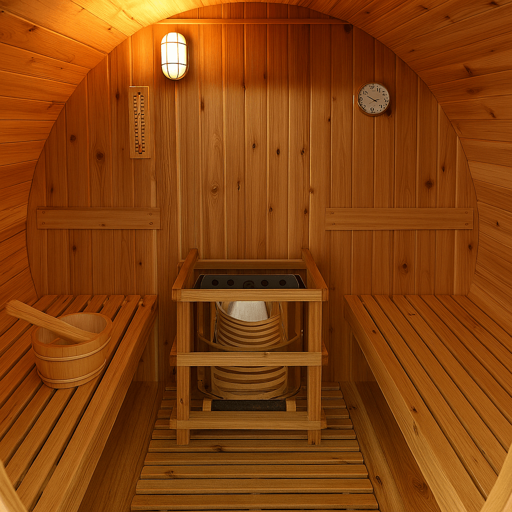 Interior of a SunRay 2-4 person luxury sauna with wooden benches and heater