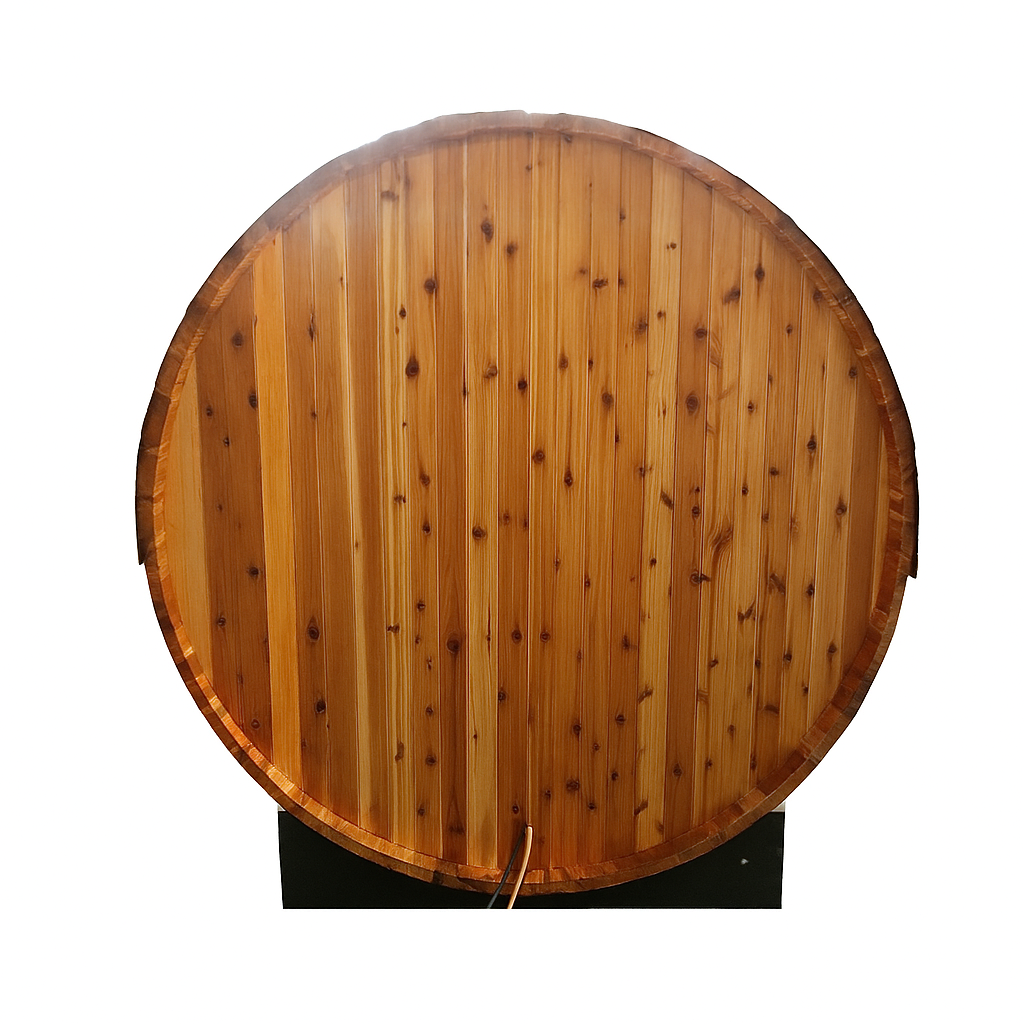SunRay barrel sauna front view made of natural wood for 2-4 person luxury sauna experience
