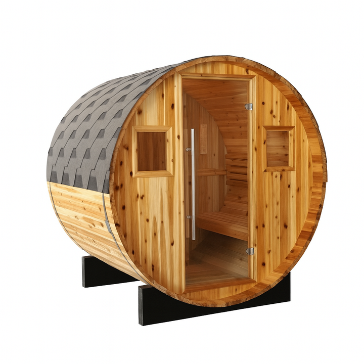 SunRay barrel sauna made of natural wood with glass door 2-4 person luxury sauna design