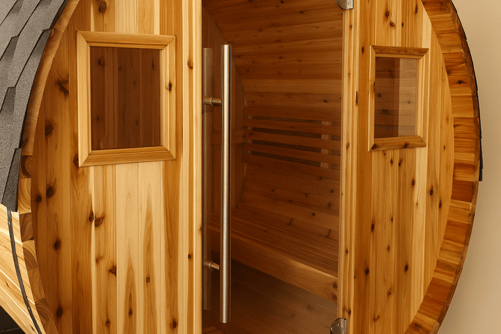 SunRay 2-4 person luxury sauna with a natural wood finish and large glass door for a cozy experience