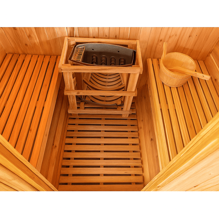 Interior view of SunRay 2-4 person luxury sauna featuring wooden benches and a sauna bucket