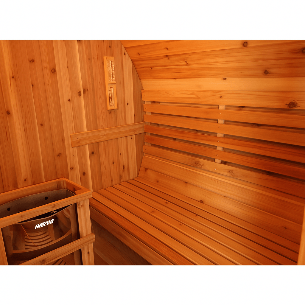 SunRay 2-4 person luxury sauna with natural wood interior and comfortable bench seating.