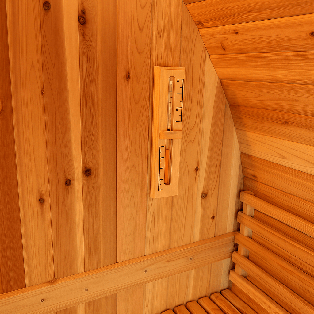 Interior of a SunRay barrel sauna designed for 2-4 person luxury sauna experience with natural wood detailing
