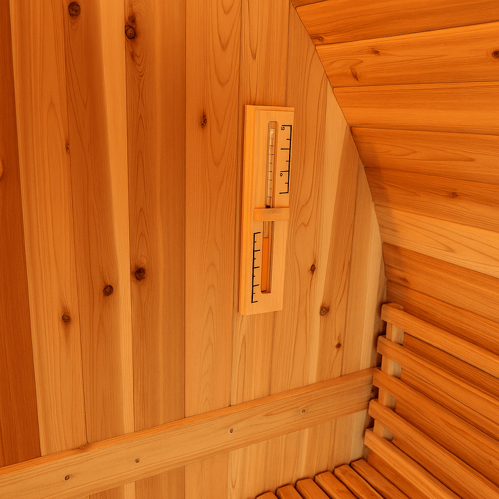Interior of a SunRay barrel sauna designed for 2-4 person luxury sauna experience with natural wood detailing