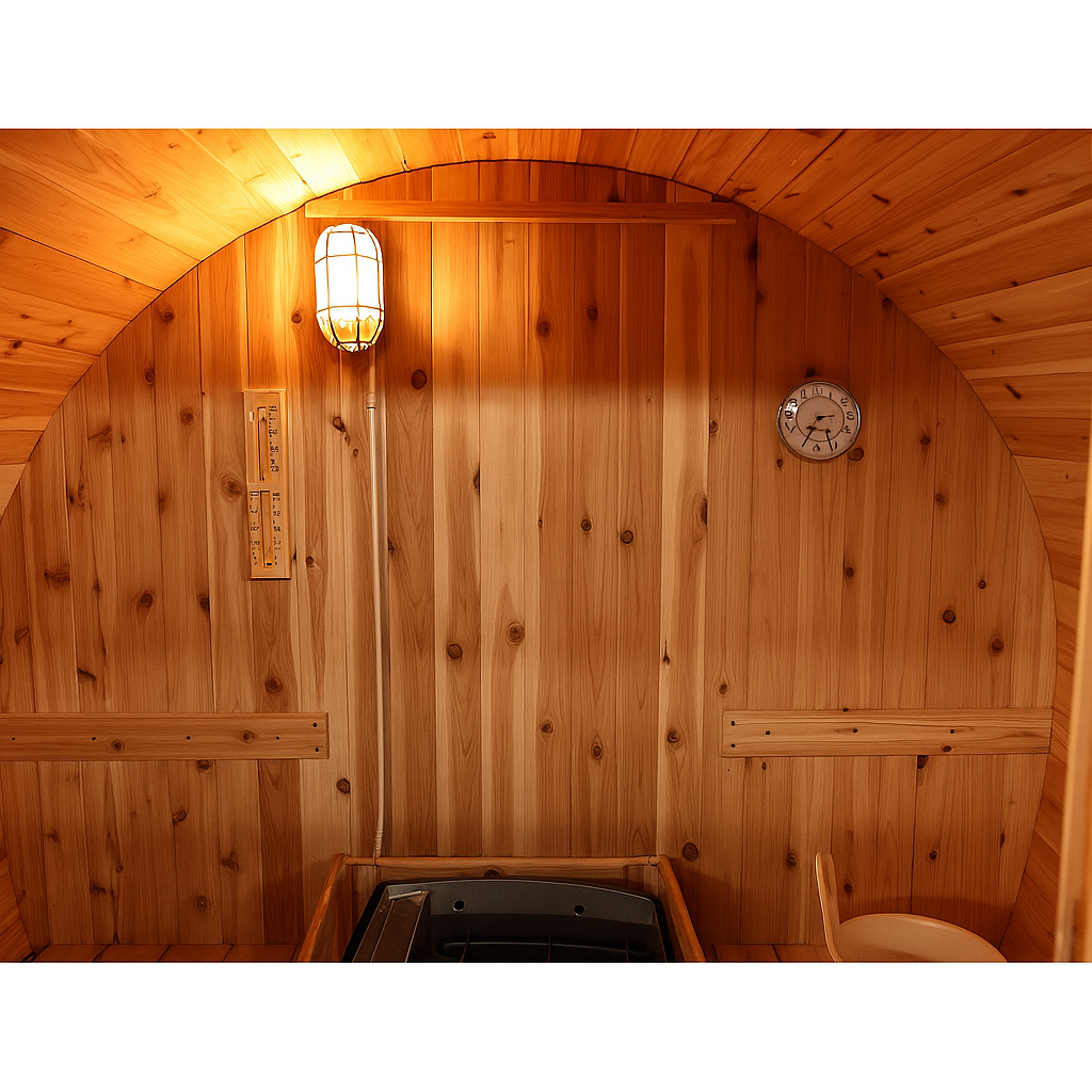 Interior of SunRay barrel sauna with wooden walls and heater showing a 2-4 person luxury sauna design