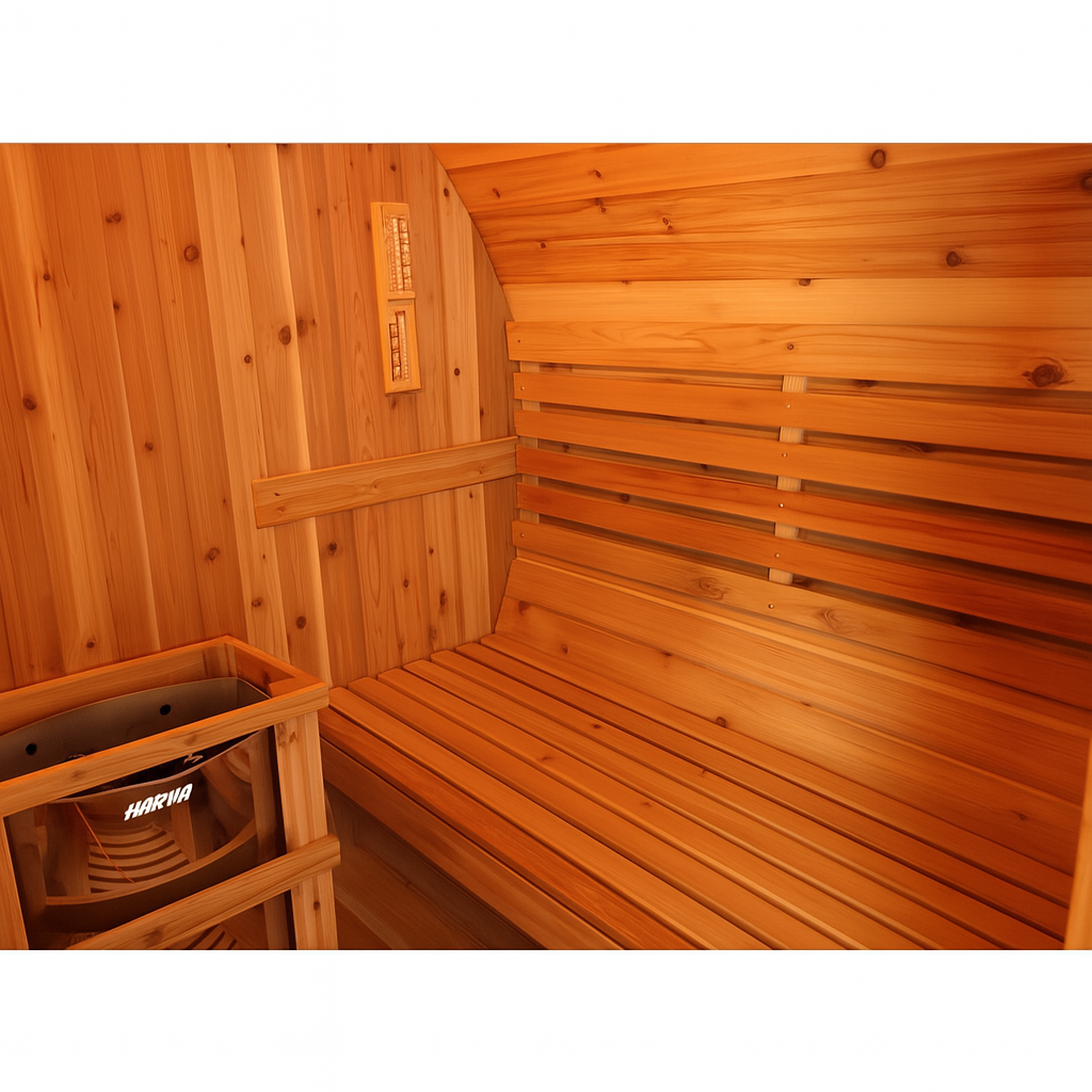 Inside view of SunRay barrel sauna wooden bench and heater for 2-4 person luxury sauna experience
