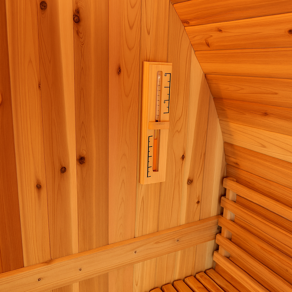 Interior view of SunRay barrel sauna made of wood with thermometer and wooden bench for 2-4 person luxury sauna