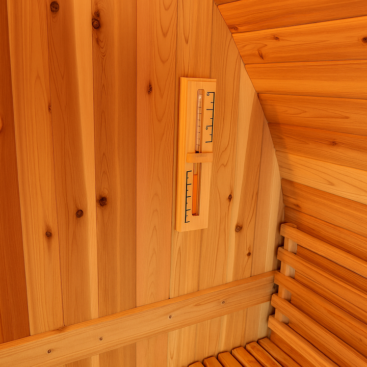 Interior view of SunRay barrel sauna made of wood with thermometer and wooden bench for 2-4 person luxury sauna