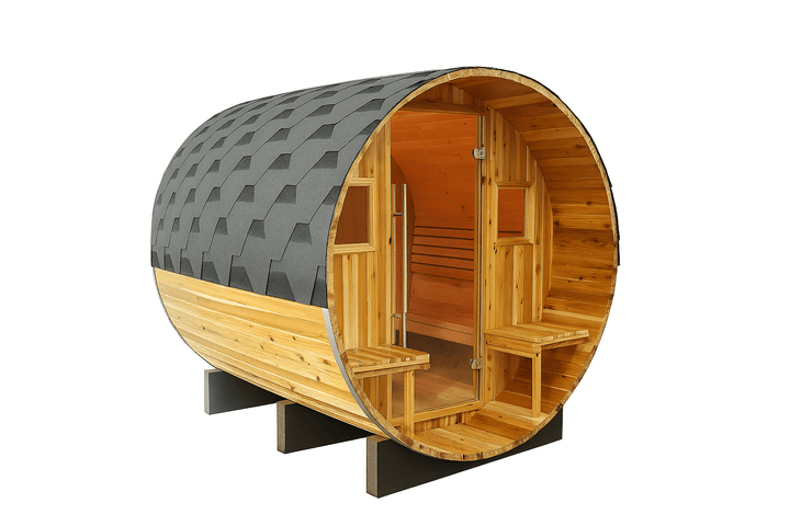 SunRay 2-4 person outdoor sauna with a wooden barrel design and a cozy interior for relaxing.