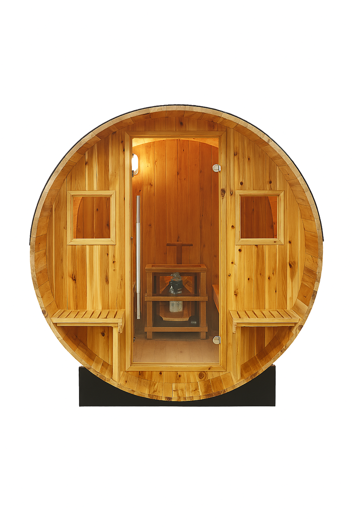 SunRay barrel sauna with wooden exterior and benches for 2-4 person outdoor sauna use