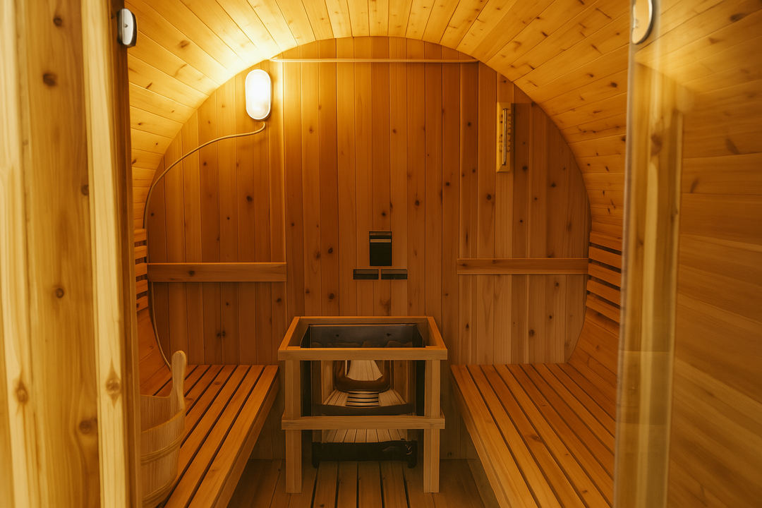 Interior view of SunRay barrel sauna with wooden benches and heater for 2-4 person outdoor sauna