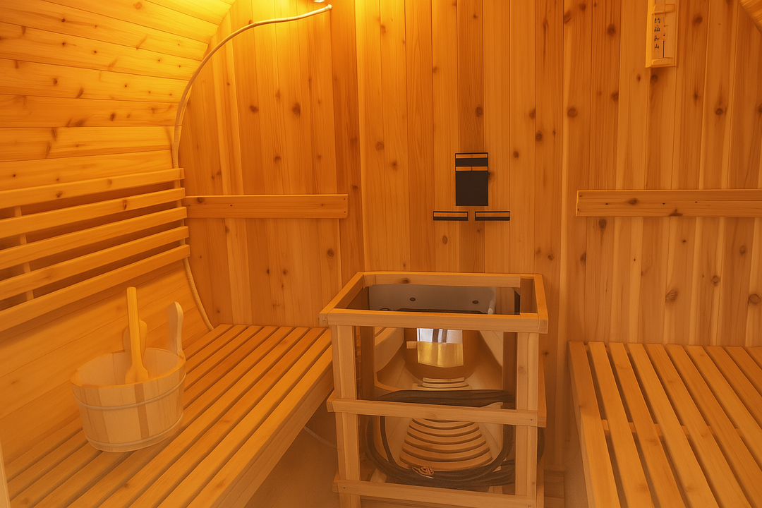 SunRay barrel sauna interior showing wooden benches and heater for 2-4 person outdoor sauna