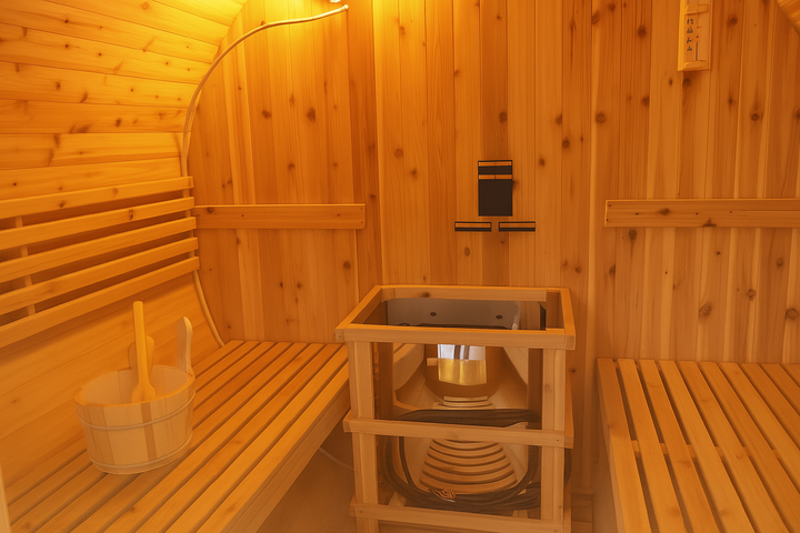 SunRay barrel sauna interior showing wooden benches and heater for 2-4 person outdoor sauna