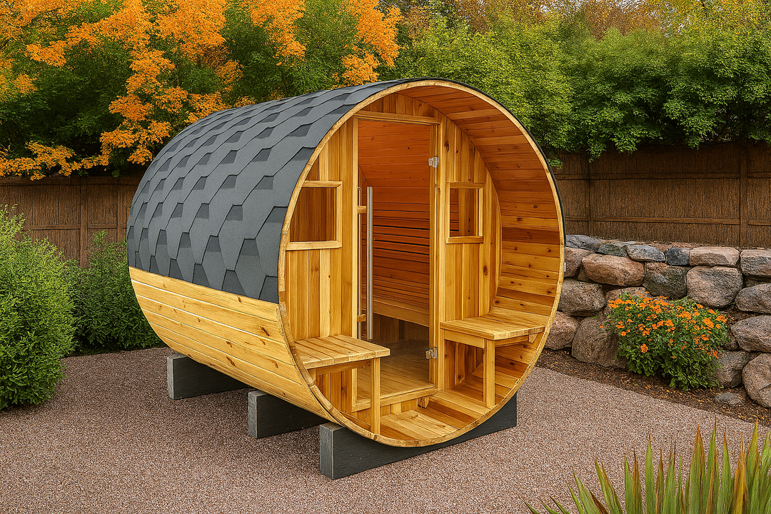 SunRay barrel sauna designed for 2-4 person outdoor sauna use with wooden seats and shingled roof