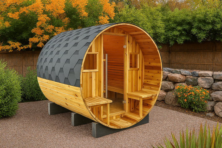 SunRay barrel sauna designed for 2-4 person outdoor sauna use with wooden seats and shingled roof