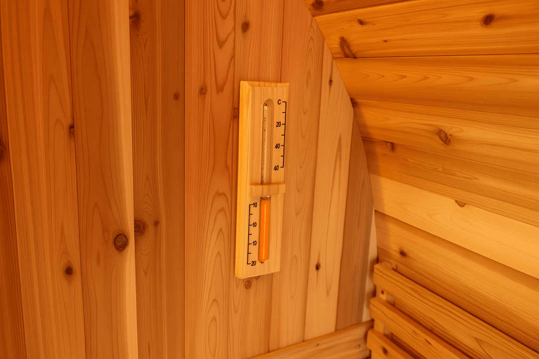 Interior of a SunRay barrel sauna showcasing thermometer and hygrometer for 2-4 person outdoor sauna