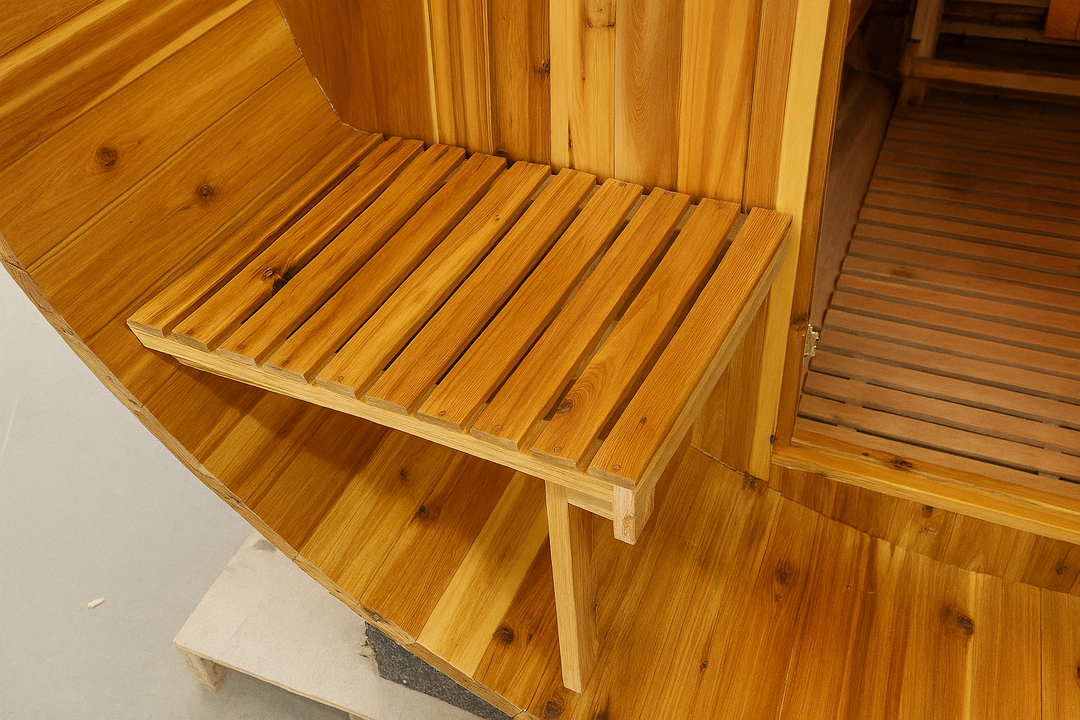 SunRay barrel sauna interior featuring wooden foldable bench in 2-4 person outdoor sauna