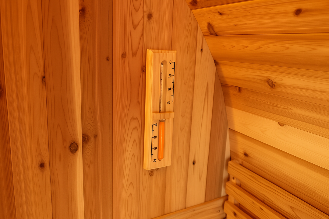 SunRay barrel sauna interior with wooden thermometer for 2-4 person outdoor sauna
