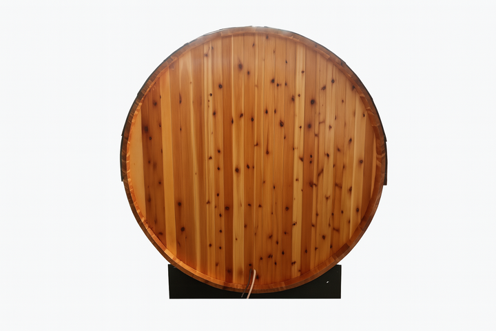 SunRay 2-person barrel sauna front view showing circular wooden exterior panels