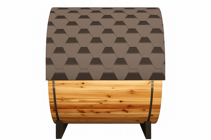 SunRay 2-person barrel sauna with wooden exterior and shingled roof for outdoor relaxation