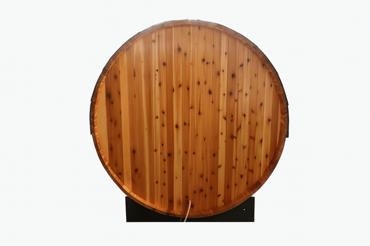 SunRay 2-person barrel sauna with a natural wood finish for indoor or outdoor relaxation