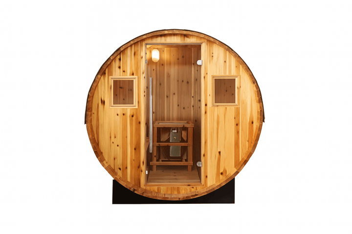 SunRay 2-person barrel sauna in natural wood finish with glass door and interior bench seating