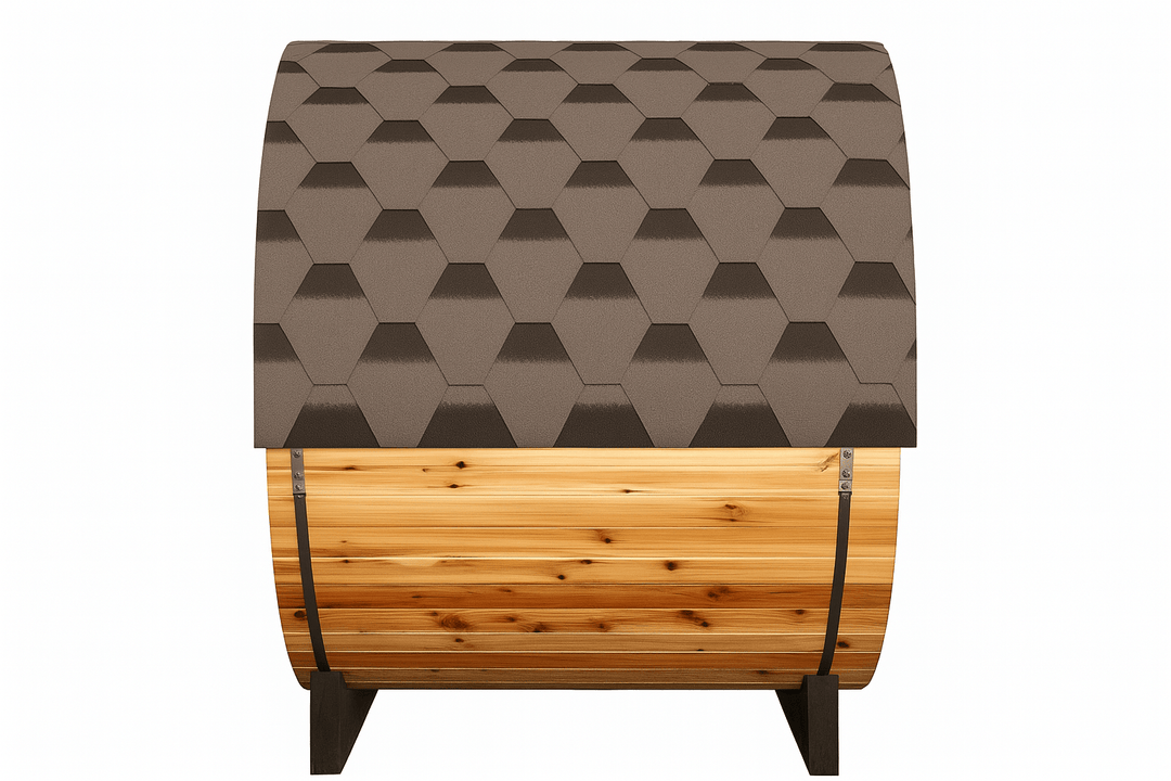 SunRay 2-person barrel sauna featuring a natural wood finish and unique hexagonal roof design