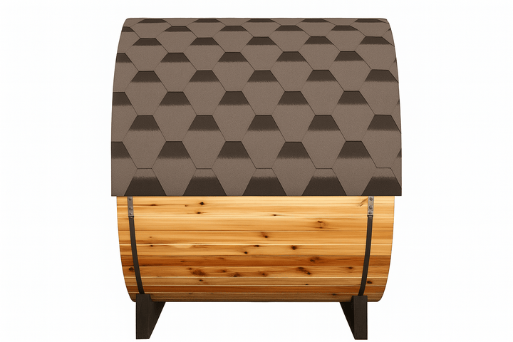 SunRay 2-person barrel sauna featuring a natural wood finish and unique hexagonal roof design