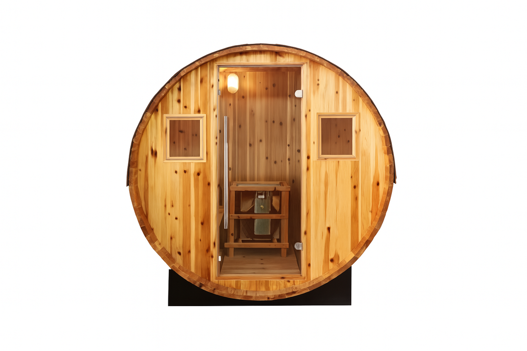 SunRay 2-person barrel sauna made of natural wood with a glass door and interior bench seating
