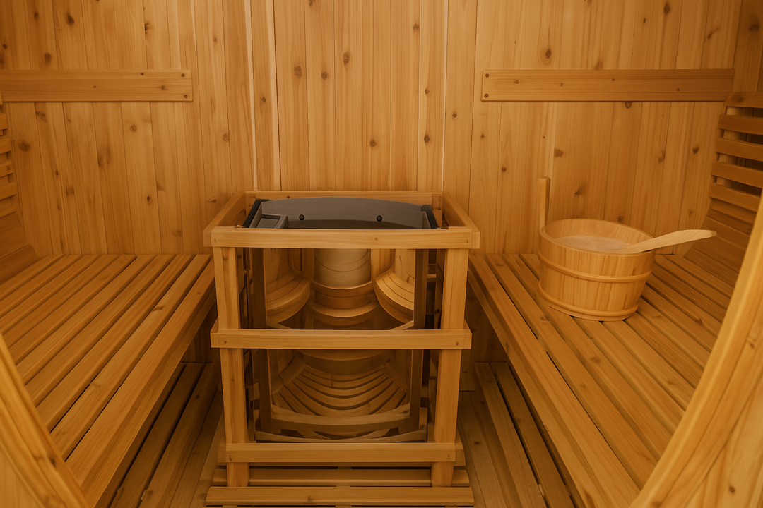 Interior of SunRay 2-person barrel sauna featuring wooden benches and heater with water bucket