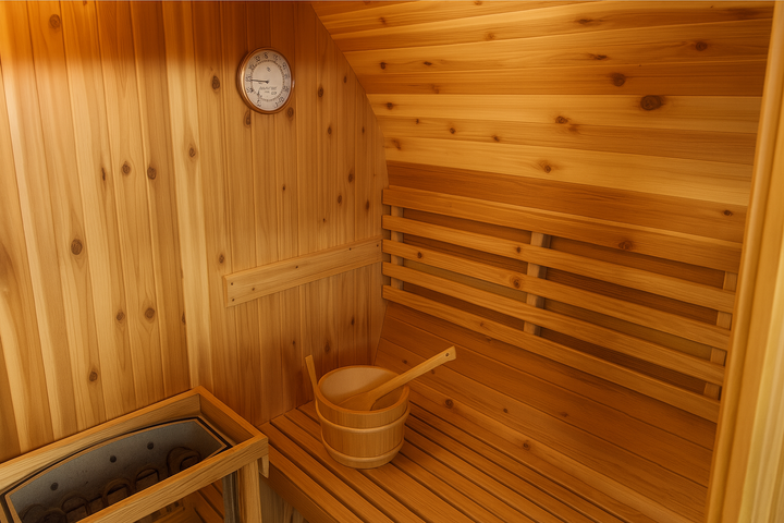 Interior of SunRay 2-person barrel sauna showing wooden bench, bucket, ladle, and sauna heater