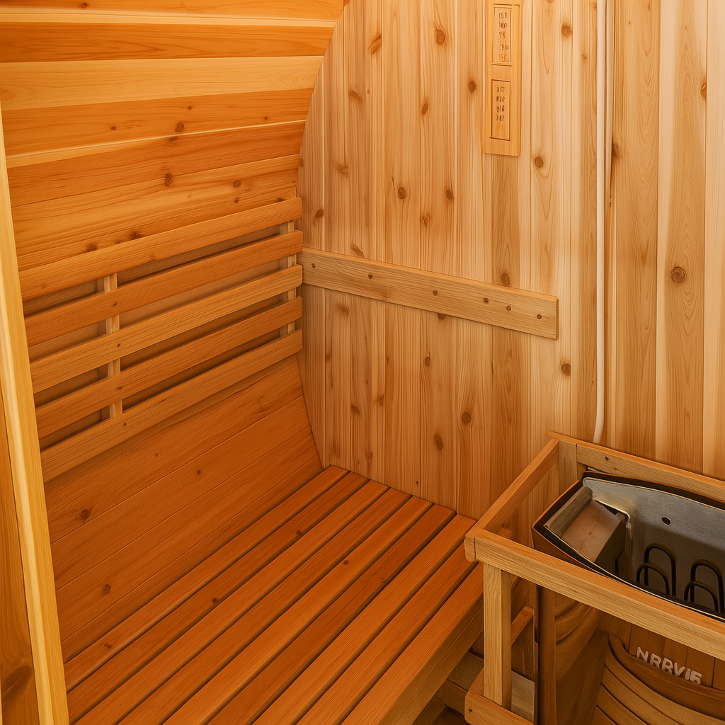 Interior view of SunRay 2-person barrel sauna with wooden bench and heater for home relaxation