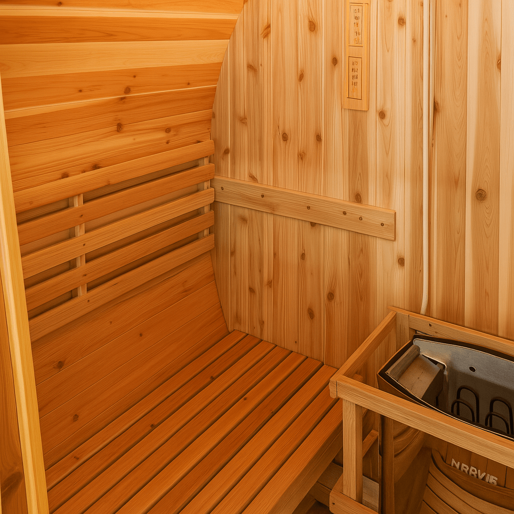 SunRay 2-person barrel sauna interior featuring comfortable wooden benches and a heater