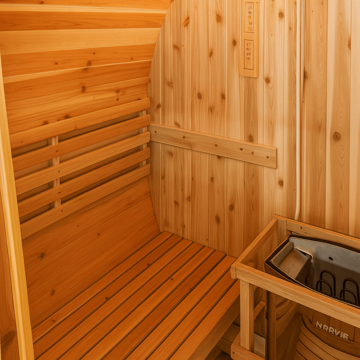 SunRay 2-person barrel sauna interior featuring comfortable wooden benches and a heater
