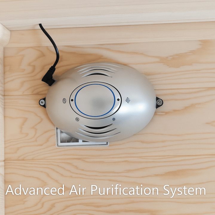 Advanced air purification system in a SunRay 2-person cedar sauna for enhanced air quality