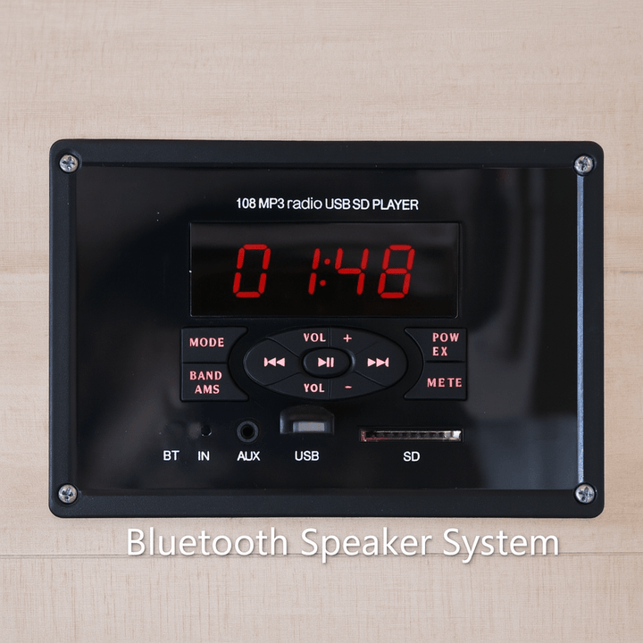 SunRay 2-person cedar sauna control panel with Bluetooth speaker and MP3 playback features