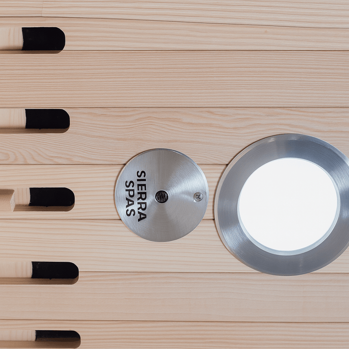 SunRay 2-person cedar sauna interior with smooth wooden paneling and subtle lighting