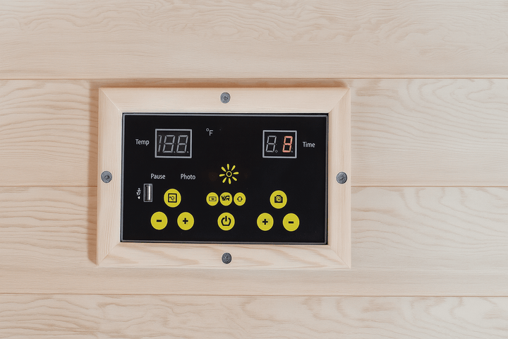 Control panel for a SunRay 2-person cedar sauna with temperature and time display