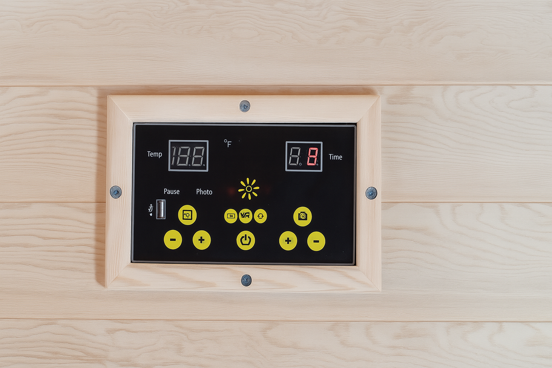 Control panel of SunRay 2-person cedar sauna displaying temperature and time settings