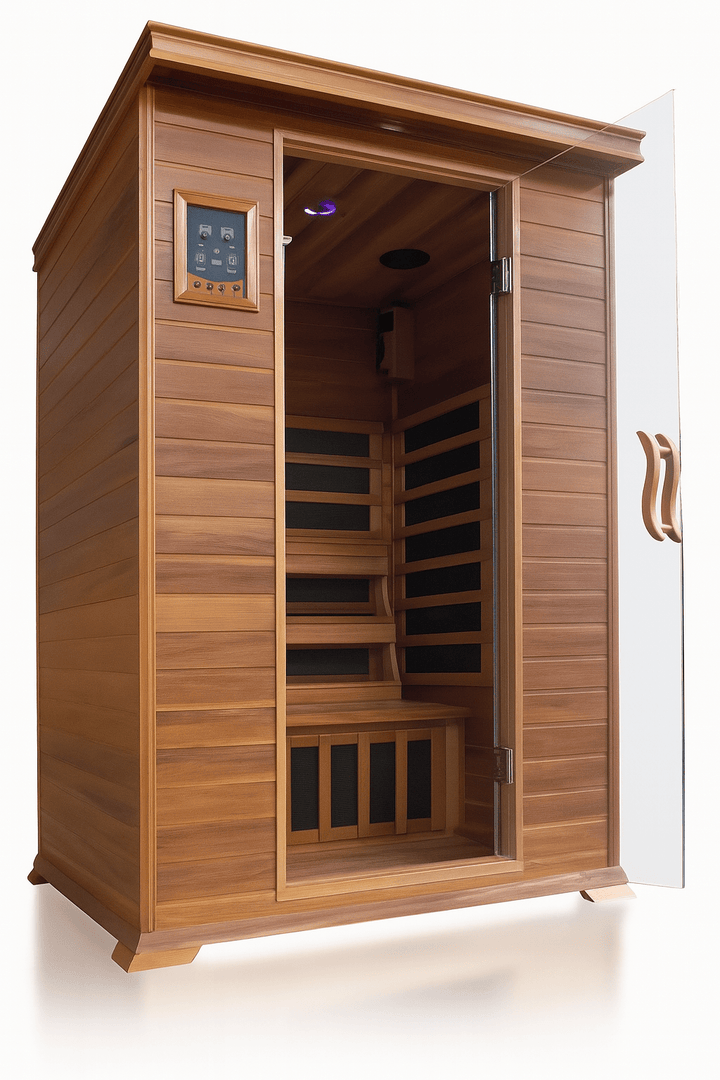 SunRay 2-person cedar sauna featuring a spacious interior and modern control panel